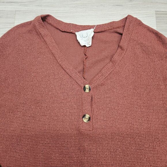 FANTASTIC FAWN Womens Rust Orange Waffle Knit  Henley Oversized Sweater Medium - Picture 2 of 7